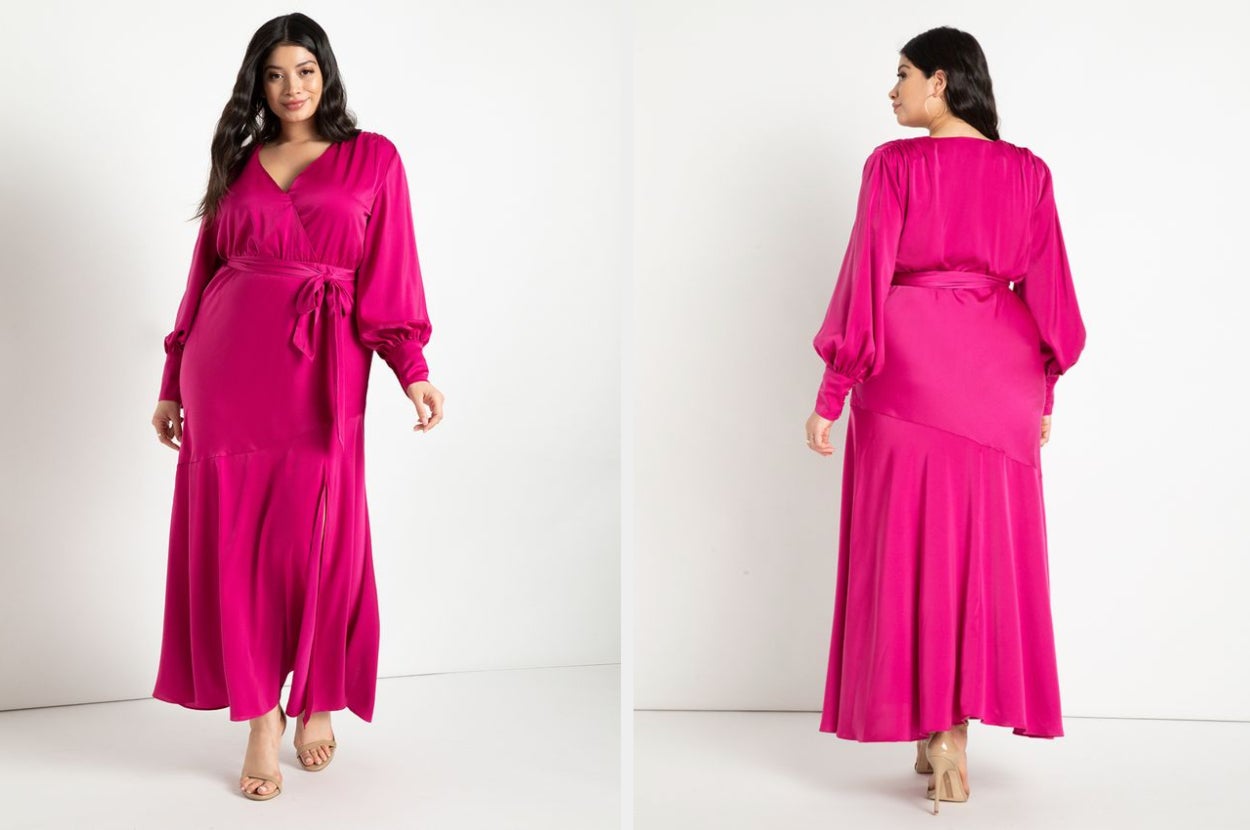 Model wearing ankle length hot pink dress with cuffed balloon sleeves, a tie waist, and a V-neckline, back view of model wearing product with nude heels
