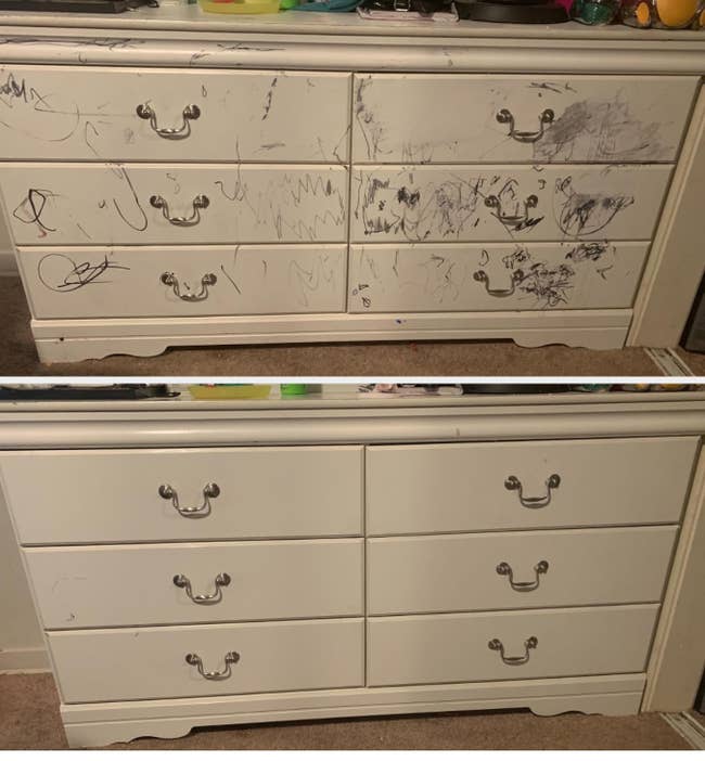 A before-and-after image of a white dresser, first covered in scribbles, then clean