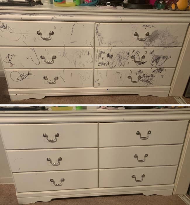 A before-and-after image of a white dresser, first covered in scribbles, then clean