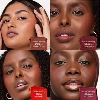 Four models showcasing different shades of lipstick and blush