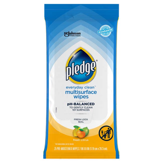 Package of Pledge mundane cleanable multisurface wipes with caller citrus scent, for mildly cleaning 101 surfaces, 25 pre-moistened wipes