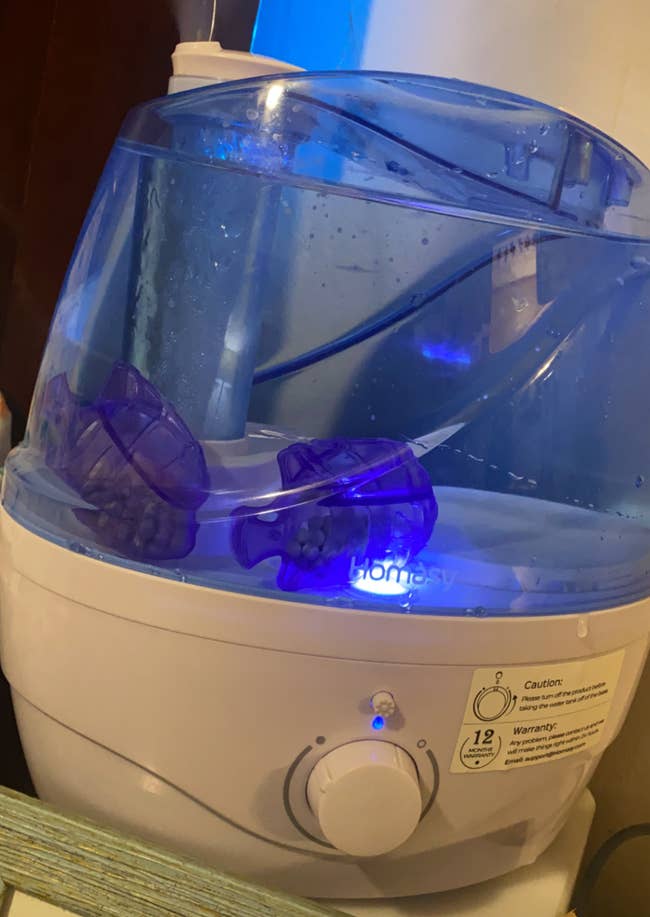 Two little blue fish figures in a humidifier 