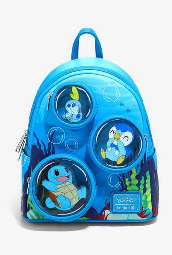 Backpack featuring Pokémon's Squirtle and other water type pokemon in bubbles