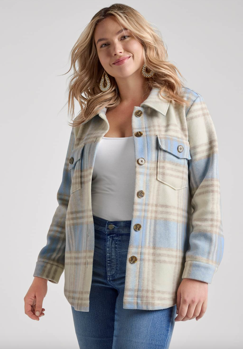 model wearing blue and yellow plaid shacket