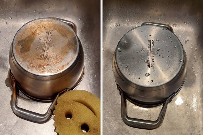 Two images of a stainless steel pot, one with the base up showing wear and one completely clean
