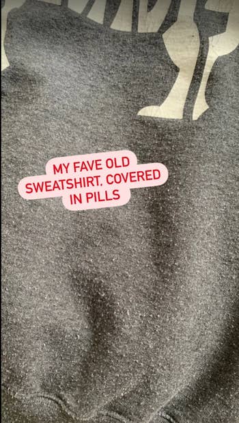 A before photo shows a sweater with lots of pills