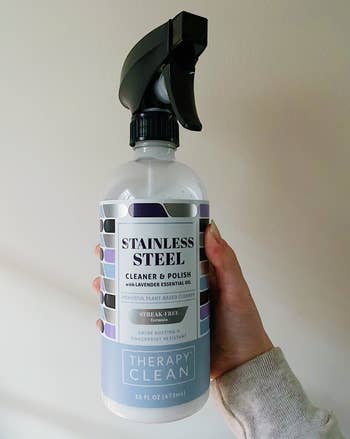 Former BuzzFeed Shopping writer holding the stainless steel cleaner