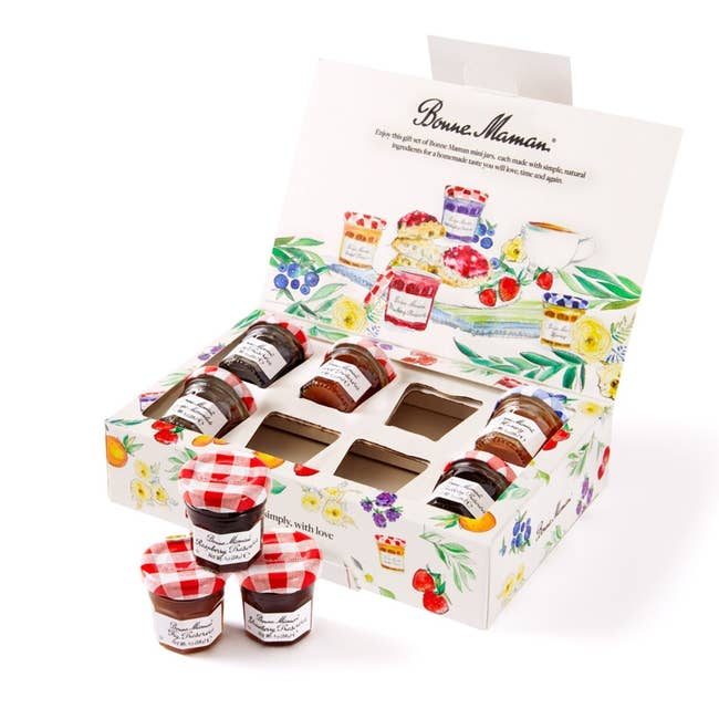 a gift box from bonne maman filled with tiny jars of jam