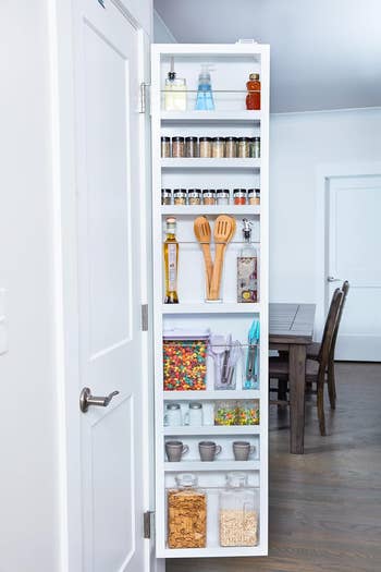 Well-organized pantry with labeled jars and stacked containers on shelves, door ajar showing interior kitchen