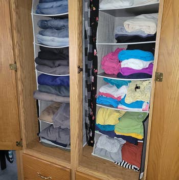reviewer using cubbies side by side for shirt storage in closet