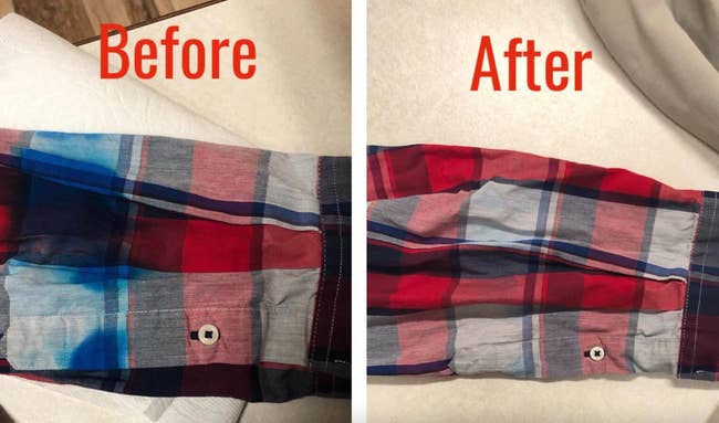 plaid shirt sleeve with huge blue ink stains, then the same shirt without the stains
