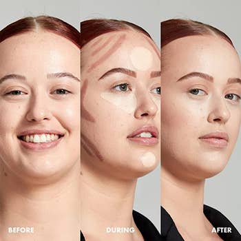 three side-by-side images of a model without makeup, then with the contour lines drawn onto their face, then with their blended contour