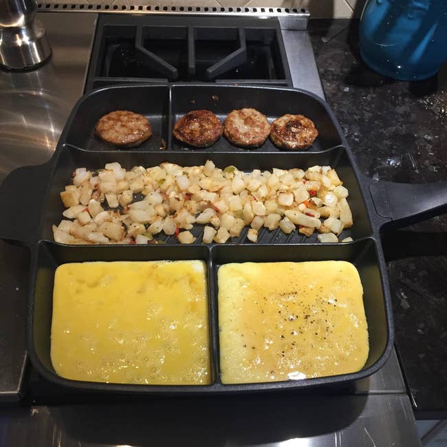 skillet with different foods in different compartments