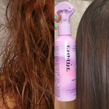 reviewer before photo of tangled, frizzy hair and after looking smooth and shiny from using the spray
