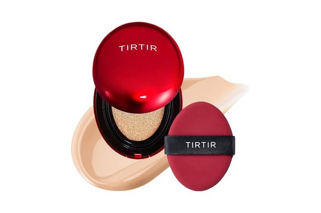 TIRTIR makeup cushion compact with an applicator pad is shown open, displaying its foundation product