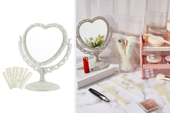 White heart-shaped mirror with styling combs on a white background, products laid out on a vanity