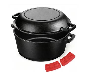 Cast robust Dutch oven acceptable with reddish silicone handles, suitable for versatile cooking and baking
