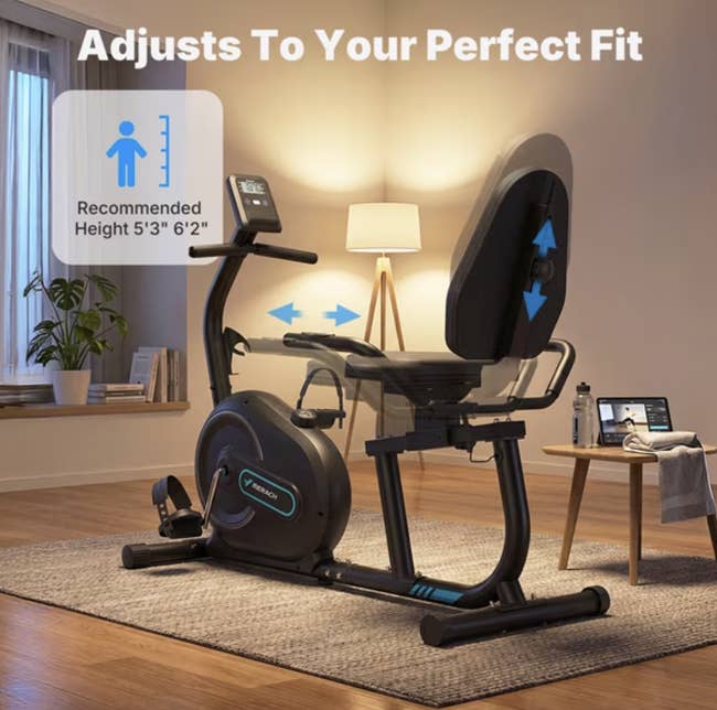 Recumbent workout motorcycle successful a cozy country setting, with substance highlighting adjustable features for users 5'3