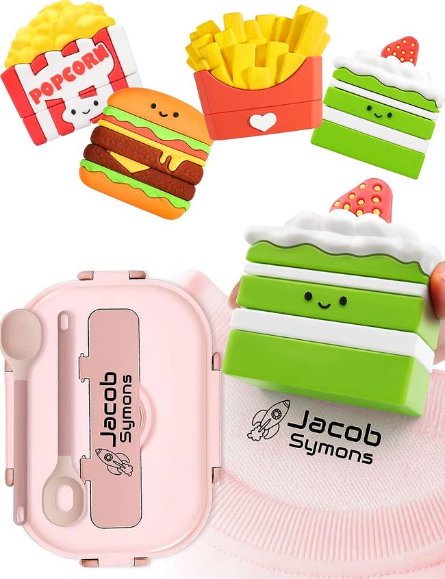 stamps shaped like smiling cakes, burgers, fries, and popcorn