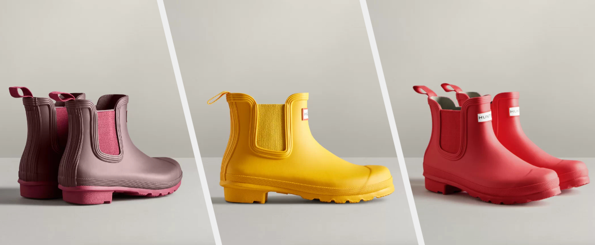 Three images of brown, yellow, and red boots