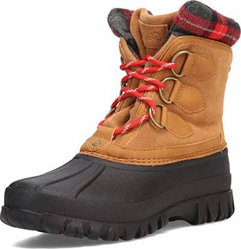 the brown and black winter boot with red plaid at the top