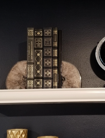 reviewer's bookshelf with geodes used as bookends 