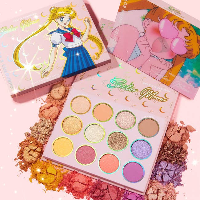 Sailor Moon themed eyeshadow palettes with a range of shimmery shades on display