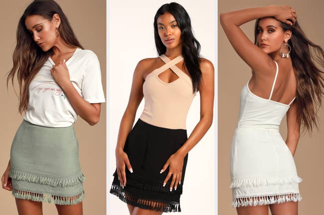 Three images of models wearing green, black, and white mini skirts