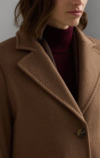 Model wearing a tailored wool overgarment implicit a ribbed turtleneck sweater, showcasing a stylish and blase manner look