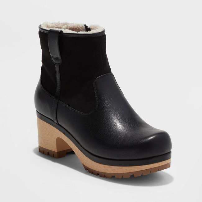 black clog soled heeled bootie with lined interior