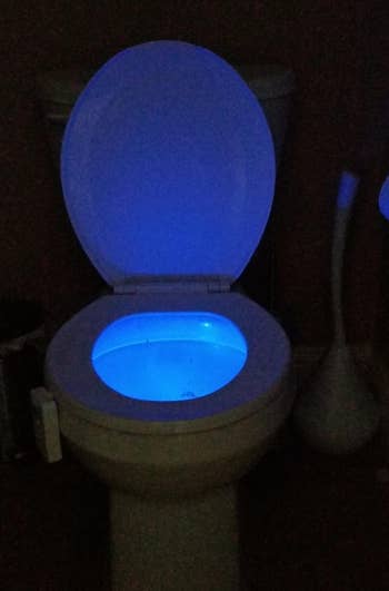a reviewer photo of the light installed on a toilet casting a blue light 