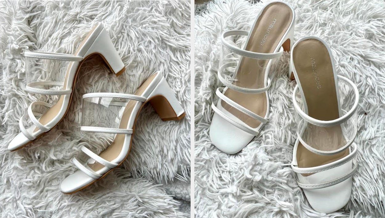 Two images of the white slip-on sandals