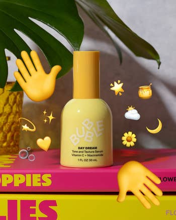 Bubble Day Dream serum vessel  connected  colorful books, surrounded by emoji graphics similar  hands, stars, and a sun. Tropical leafage  successful  background