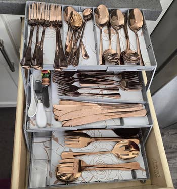 Entertainmment news Drawer with neatly organized cutlery, including forks, spoons, and knives with a metallic sheen