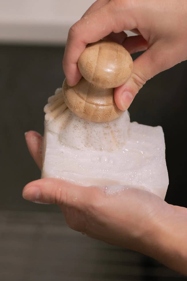 hand rubbing brush along solid bar of dish soap