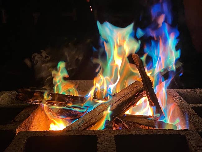 A campfire with colorful flames