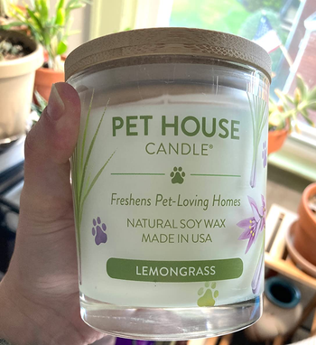 reviewer holding the lemongrass-scented candle