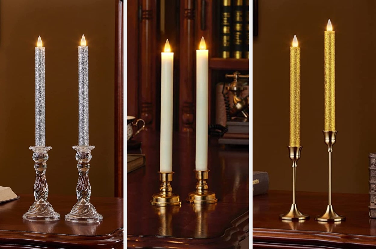 Two silver glitter flameless taper candles in clear glass holders on top of wooden table, products in white inside two gold candle holders on brown table, products in gold glitter held inside tall gold candle holders