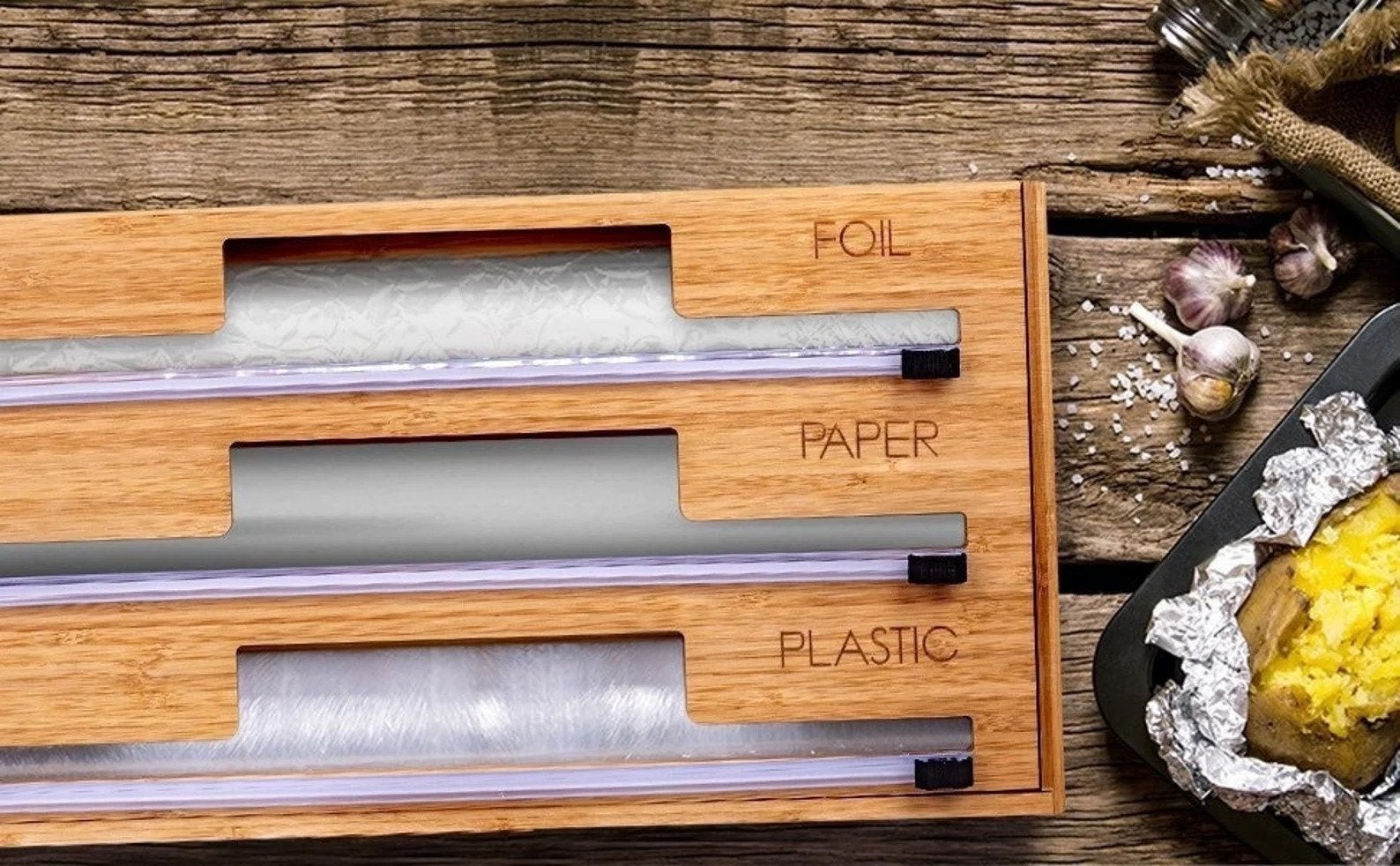 photo of 3-in-1 organizer for aluminum, paper, and plastic rolls
