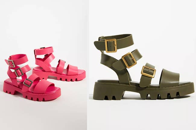 Hot pink platform buckle gladiator sandals on a white background, side view of product in green with gold buckles