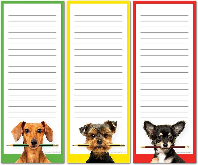three long notepads each with a dog with a pencil in their mouth in dachshund, yorkie, and chihuahua versions