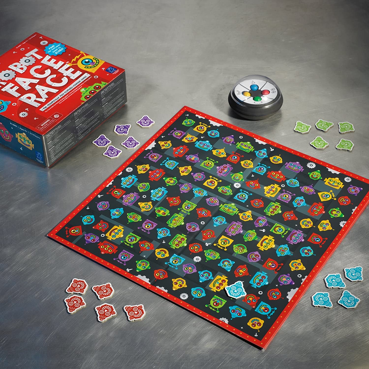 Colorful robot game board with robot head pieces