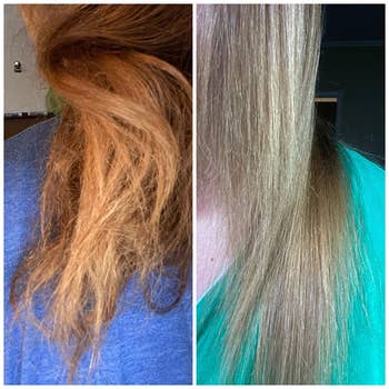 before and after images of a reviewer's hair going from frizzy and dull to shiny and frizz-free
