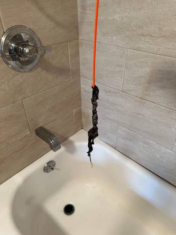 reviewer image of gunk hanging from the end of a drain snake above a tub