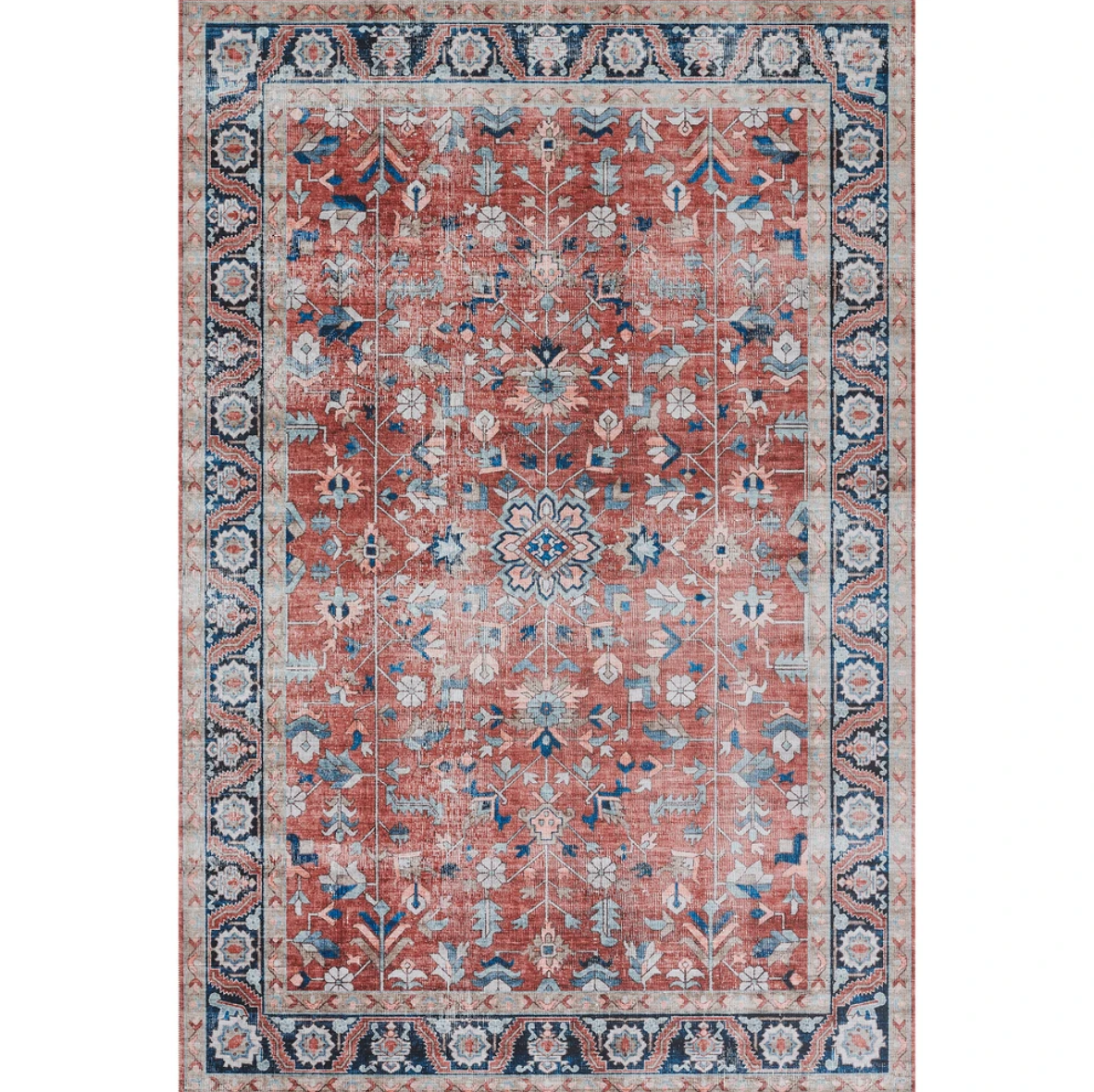 red and blue patterned rug