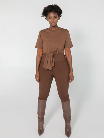 model wearing the brown tee