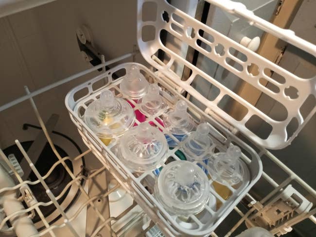 the open basket in a dishwasher