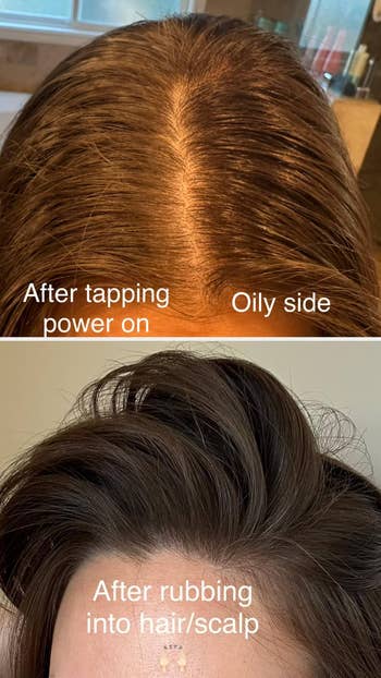 Top image shows flat hair before and after tapping on product: oily on the right, more matte on the left. Bottom image shows volume after rubbing the product in