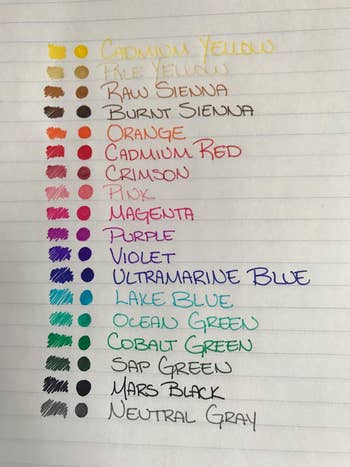 reviewer's photo of the pen colors written down in their notebook