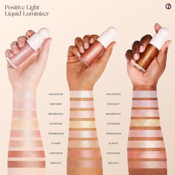 swatch of all highlight shades on fair skin, tan skin, and dark skin